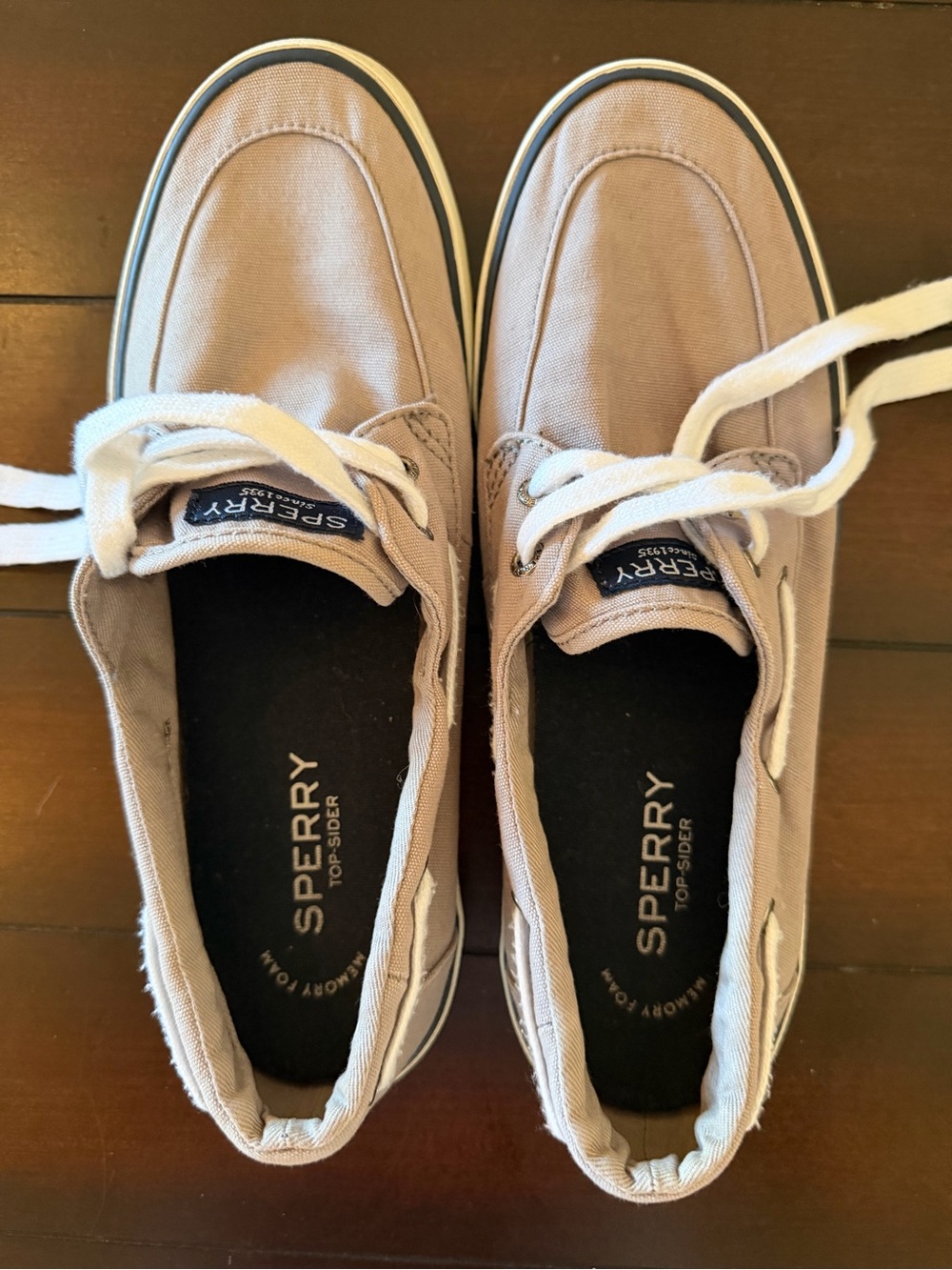 Sperry Men's Canvas Boat Shoes in Taupe with White Laces